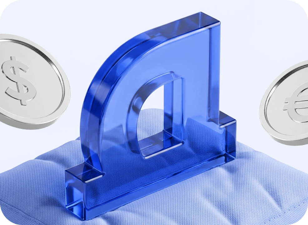 Стеклянная буква «Д» между монетами доллара и евро